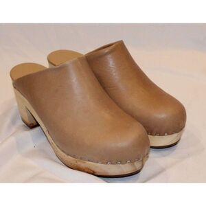 Nisolo Leather Closed Toe Slip On Wooden All Day Mule Heeled Clogs CARAMEL SZ 11